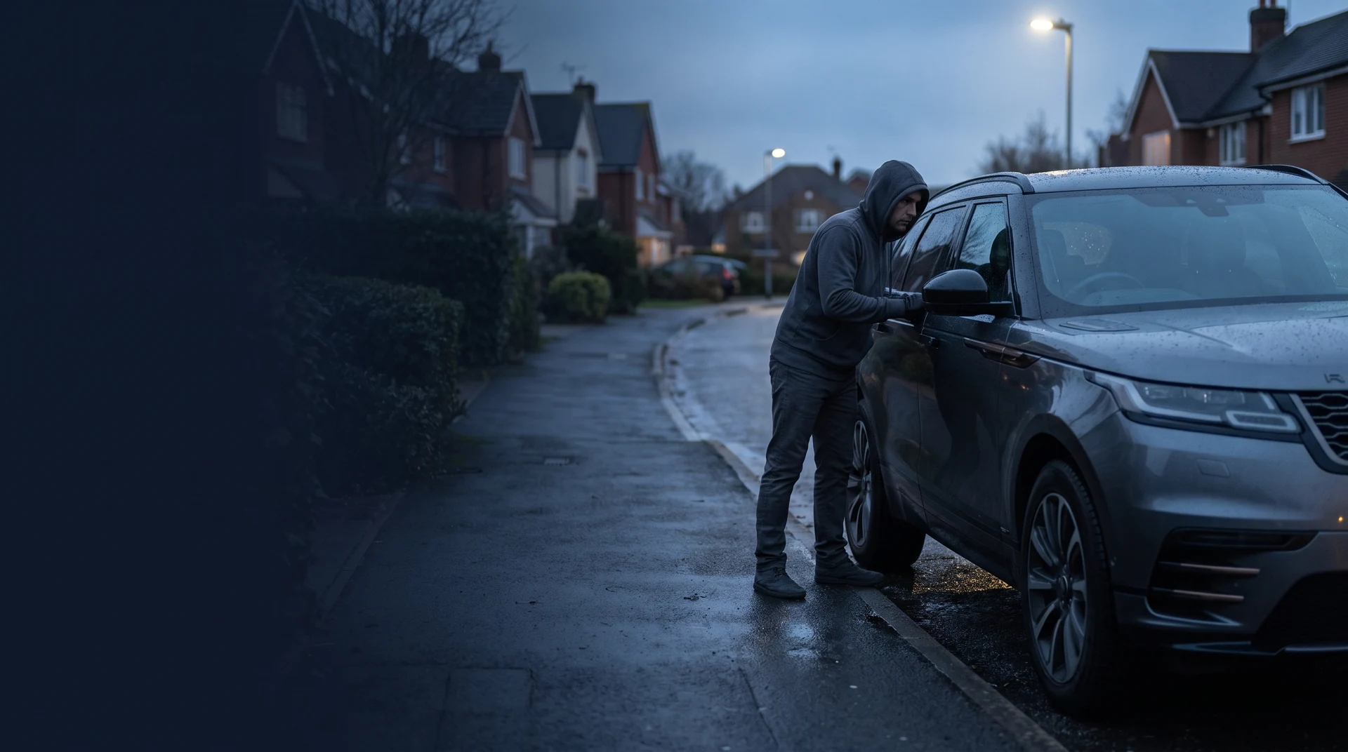 Illustration of a vehicle theft in progress on a residential street
