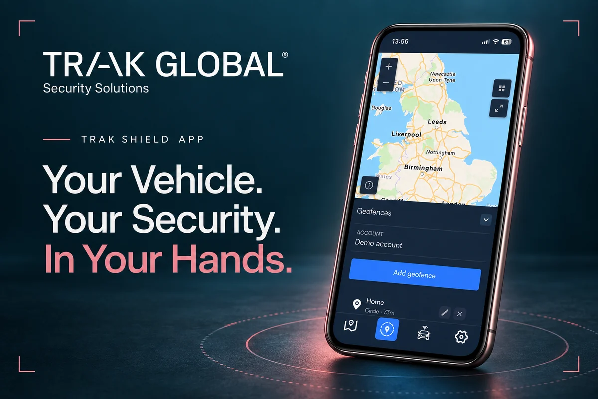 Trak Global Trak Shield App. Your Vehicle. Your Security. In Your Hands. A phone displaying the app’s map and geofence controls.